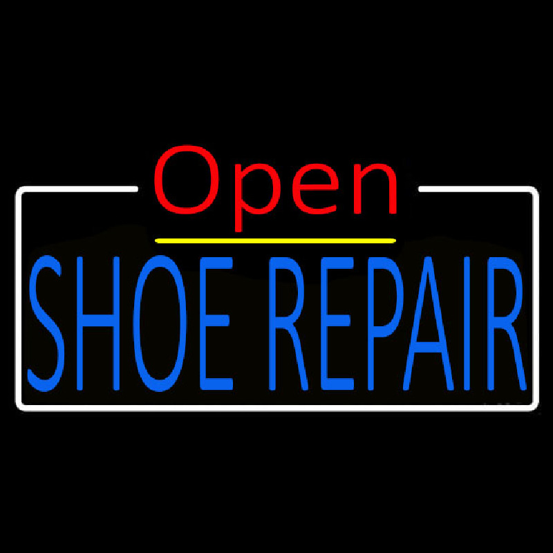 Blue Shoe Repair Open White Border Neonskylt