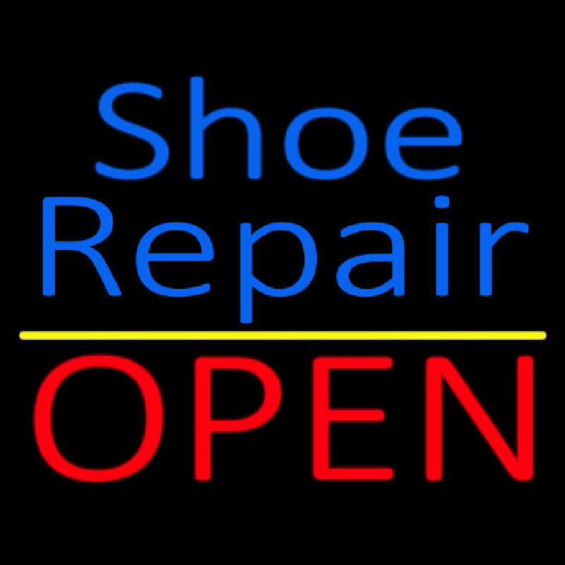 Blue Shoe Repair Open With Yellow Line Neonskylt