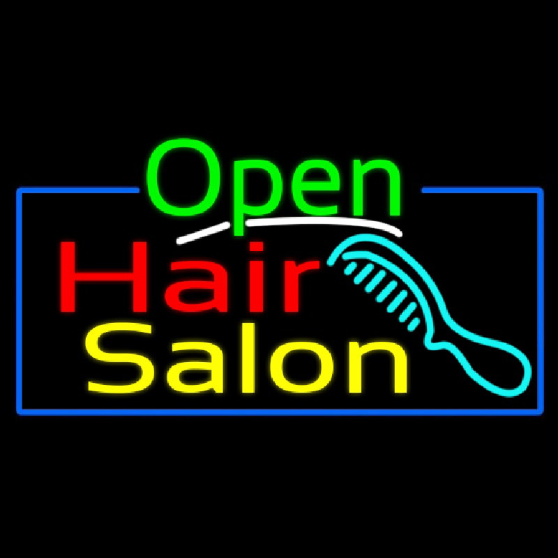 Green Open Hair Salon With Blue Border Neonskylt