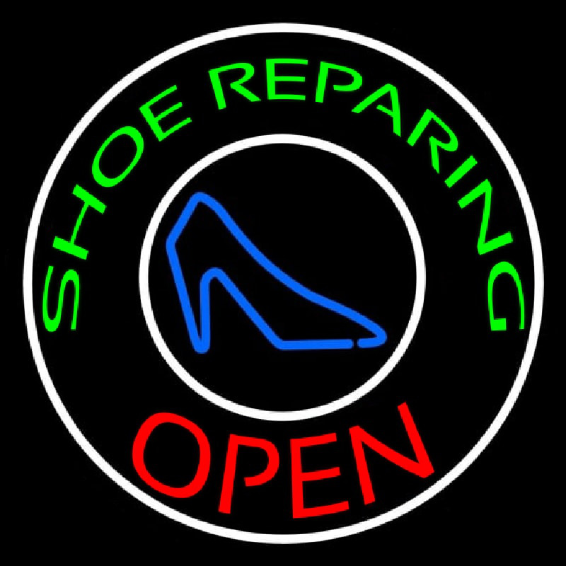 Green Shoe Repairing Open With Border Neonskylt