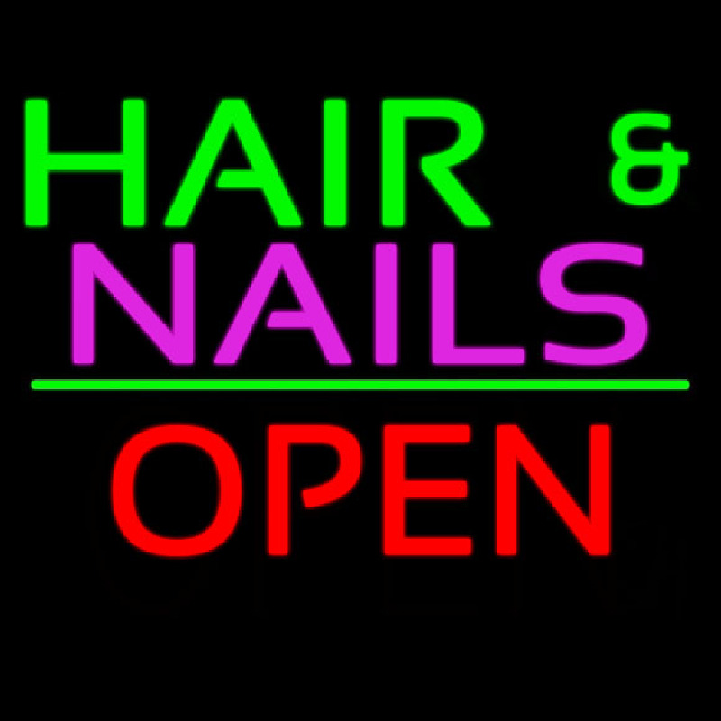 Hair And Nails Block Open Green Line Neonskylt