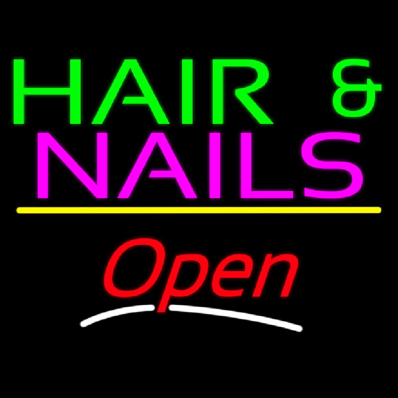 Hair And Nails Open Yellow Line Neonskylt