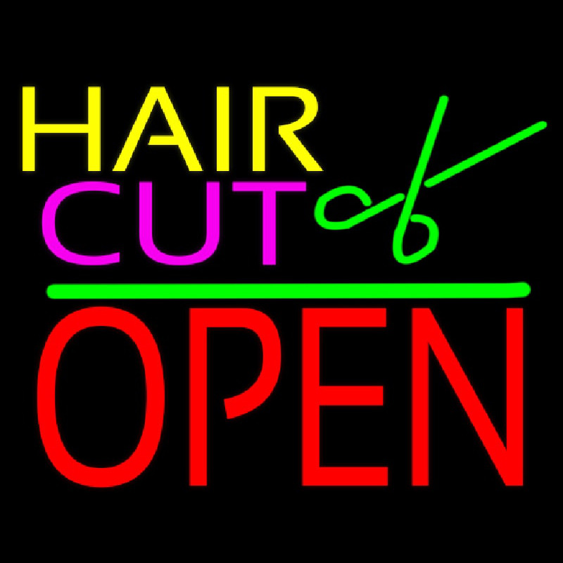 Hair Cut Logo Block Open Green Line Neonskylt