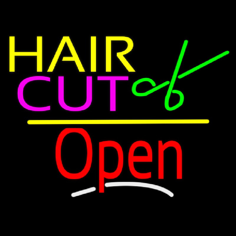 Hair Cut Logo Open Yellow Line Neonskylt