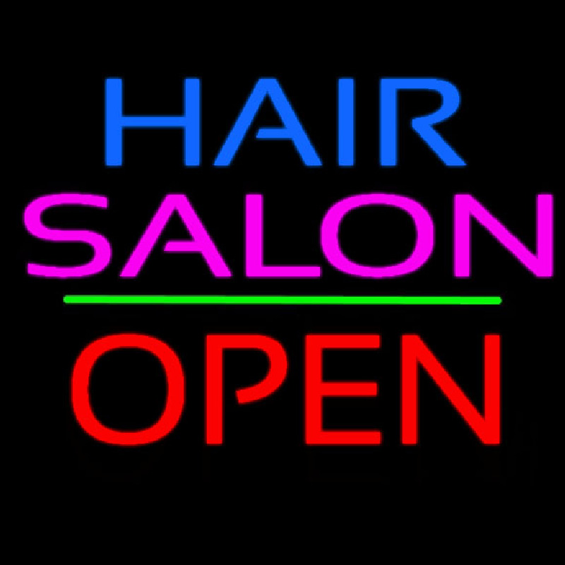 Hair Salon Block Open Green Line Neonskylt