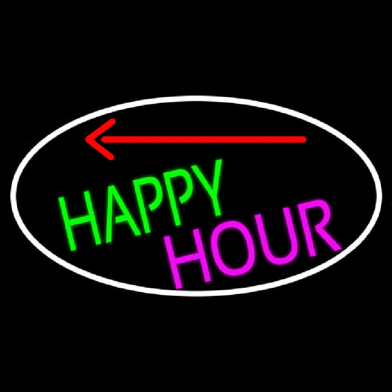 Happy Hour And Arrow Oval With White Border Neonskylt