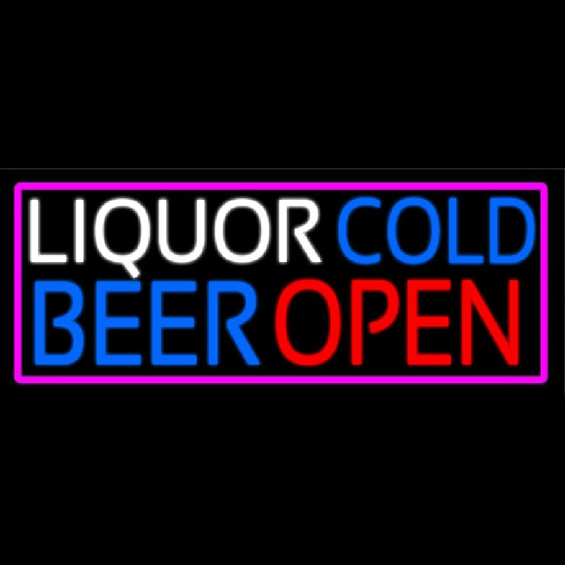 Liquors Cold Beer Open With Pink Border Neonskylt