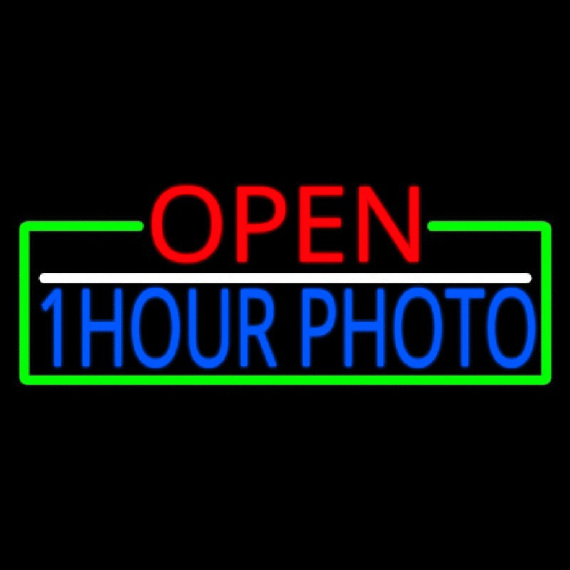 Open 1 Hour Photo With Green Border Neonskylt