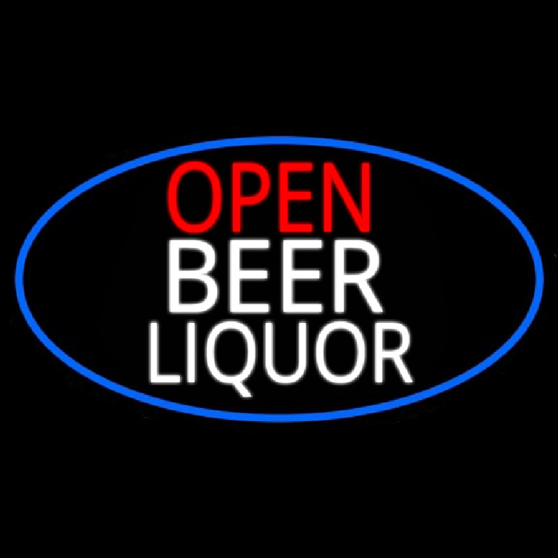 Open Beer Liquor Oval With Blue Border Neonskylt