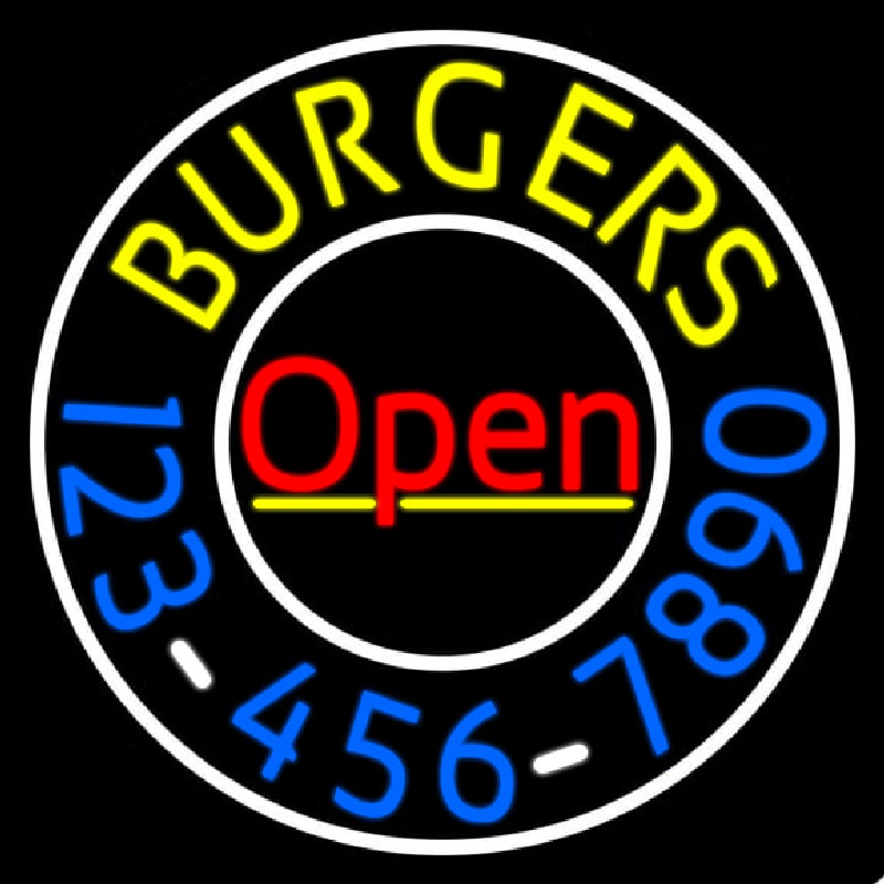 Open Burgers With Numbers Circle Neonskylt