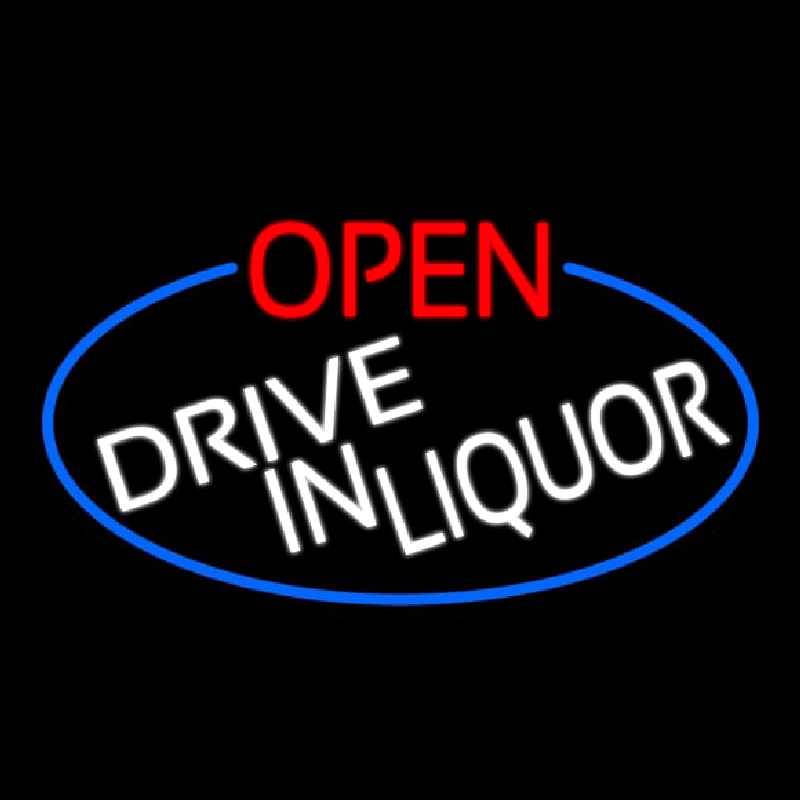 Open Drive In Liquor Oval With Blue Border Neonskylt