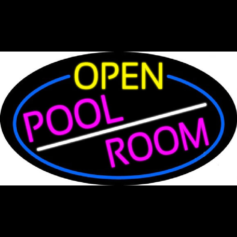 Open Pool Room Oval With Blue Border Neonskylt