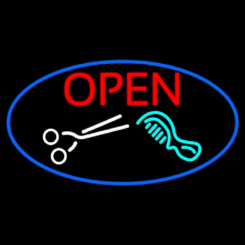 Open With Scissor And Comb Neonskylt