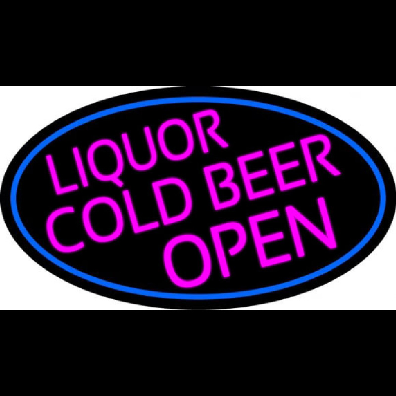 Pink Liquors Cold Beer Open Oval With Blue Border Neonskylt