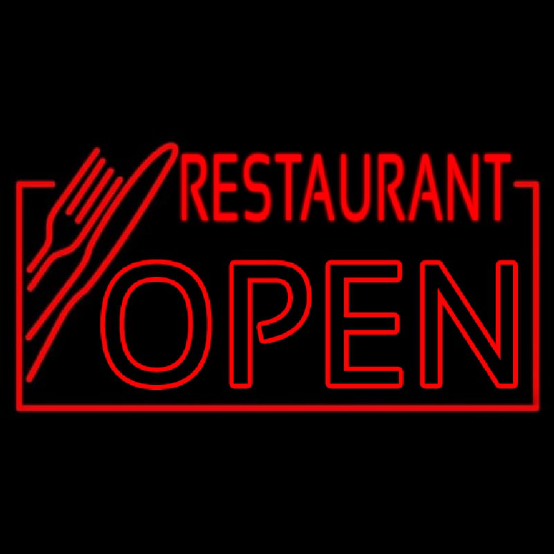 Red Restaurant Open With Knife And Fork Neonskylt