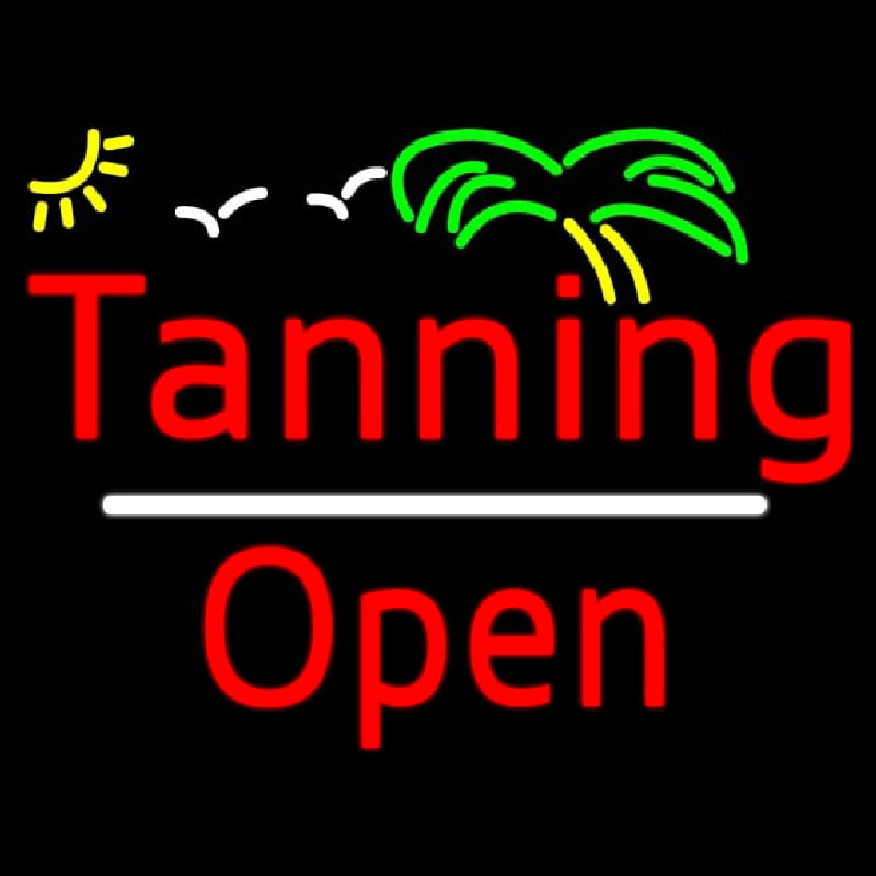 Red Tanning Open White Line With Palm Tree Neonskylt