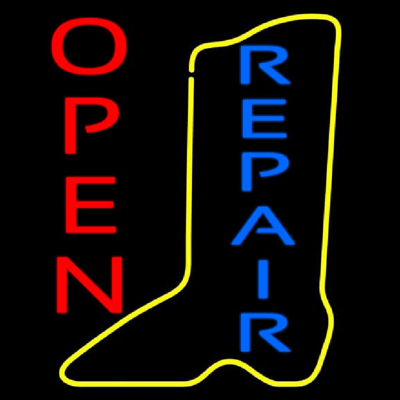 Vertical Yellow Shoe Blue Repair Open Neonskylt