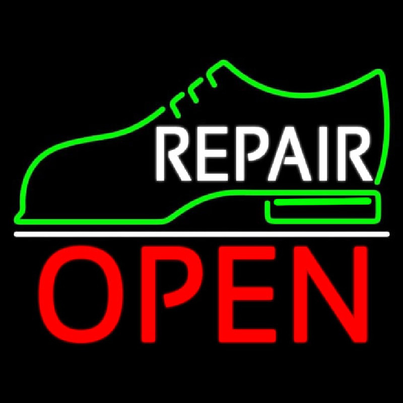 White Repair Shoe Logo Open Neonskylt