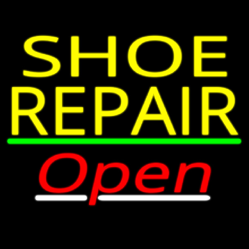 Yellow Shoe Repair Open With Green Line Neonskylt