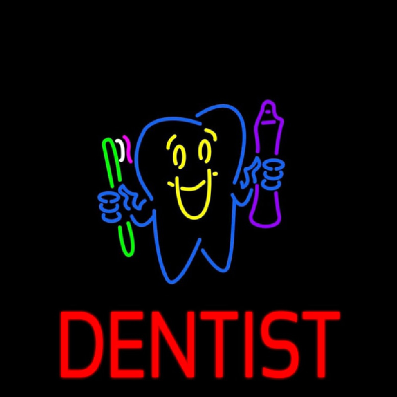 Dentist Tooth Logo With Brush And Paste Neonskylt