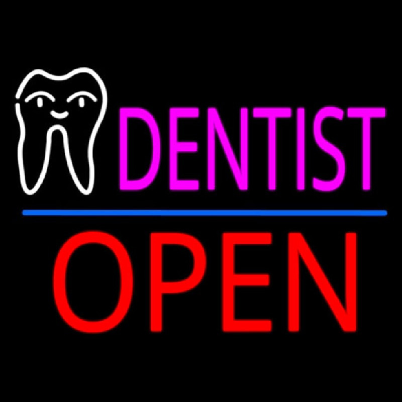 Pink Dentist White Tooth Blue Line Open Neonskylt