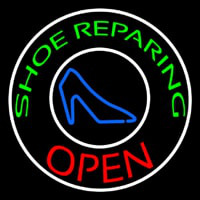 Green Shoe Repairing Open With Border Neonskylt